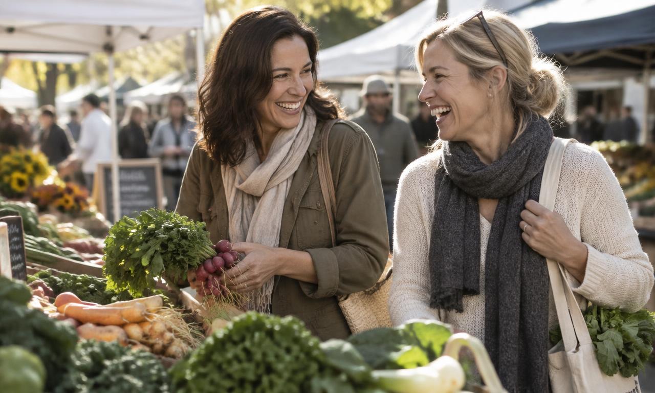 Two women in their forties laughing together at a farmers' market