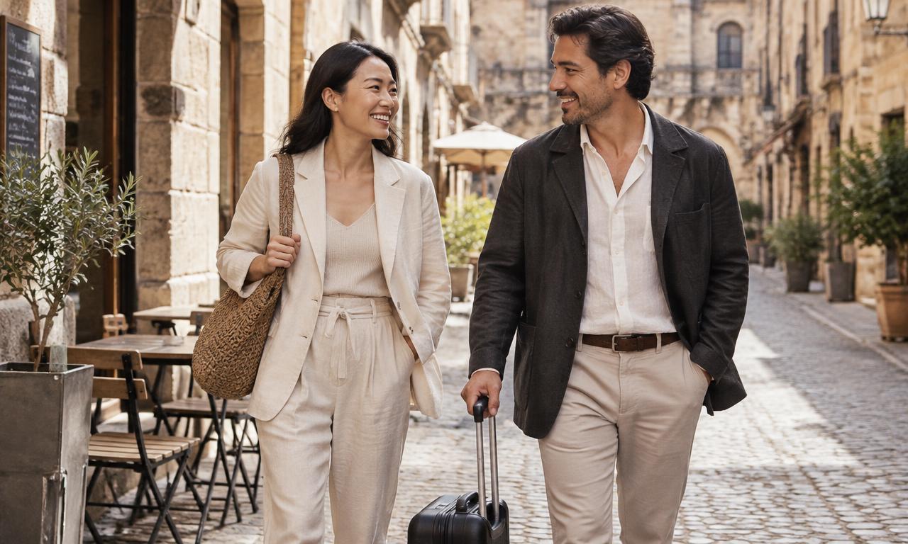 A woman and a man with a suitcase walking through an old European street