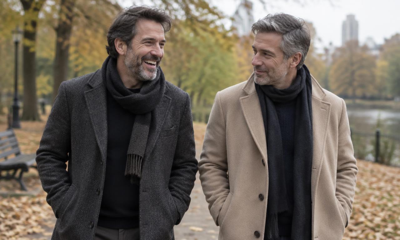 Two men in their forties walking and laughing in an autumn park