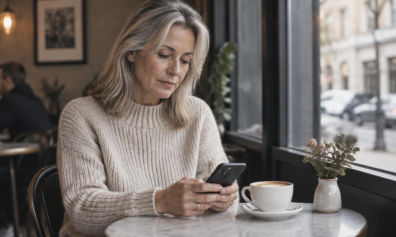 A woman around 50 thoughtfully looking at her phone in a café