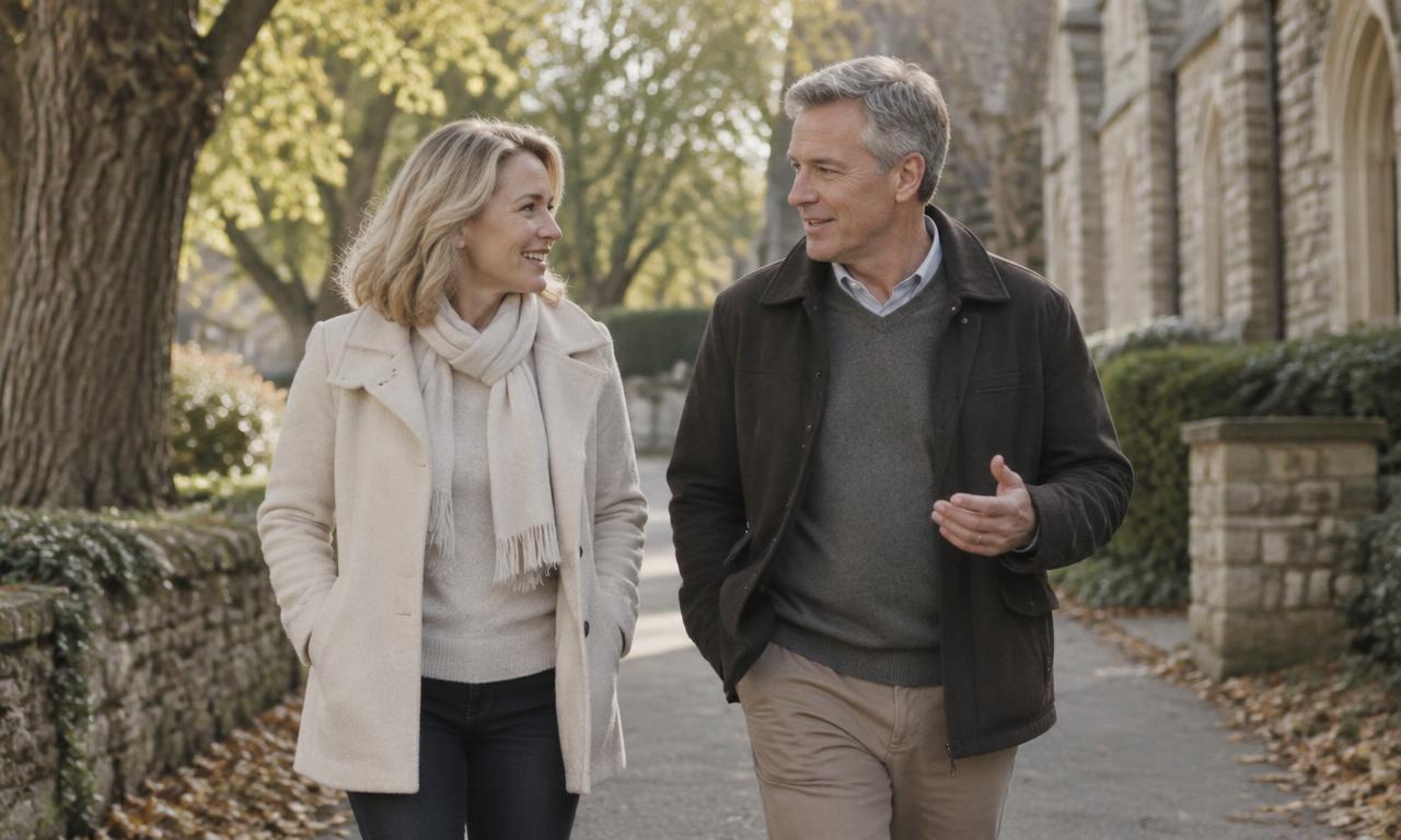A man and a woman in their fifties talking on a quiet path on a Sunday morning