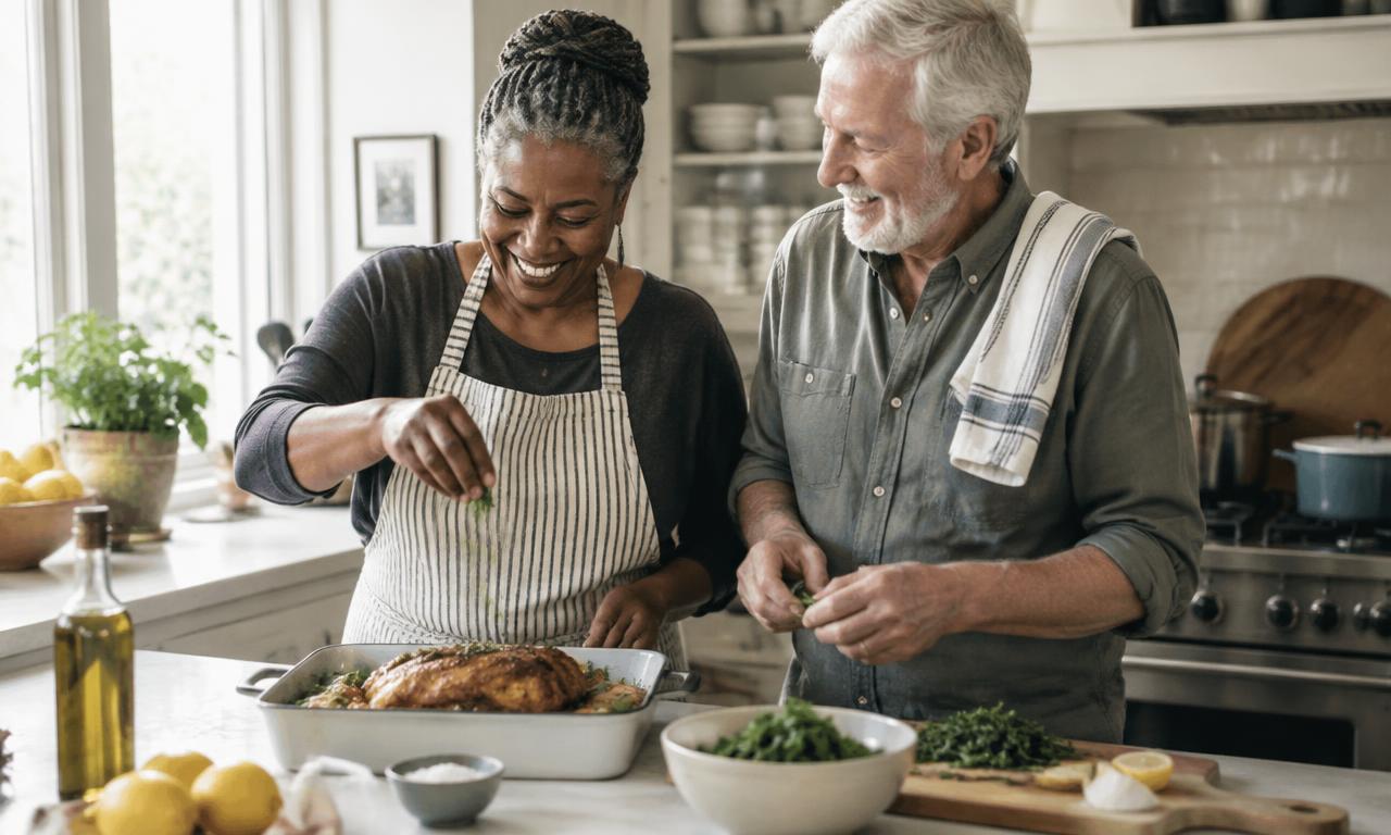 A couple around 60 cooking together in a bright kitchen