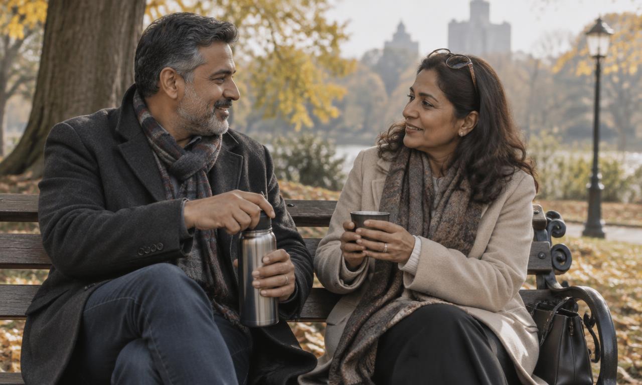 A man and a woman around 50 sharing tea on a park bench